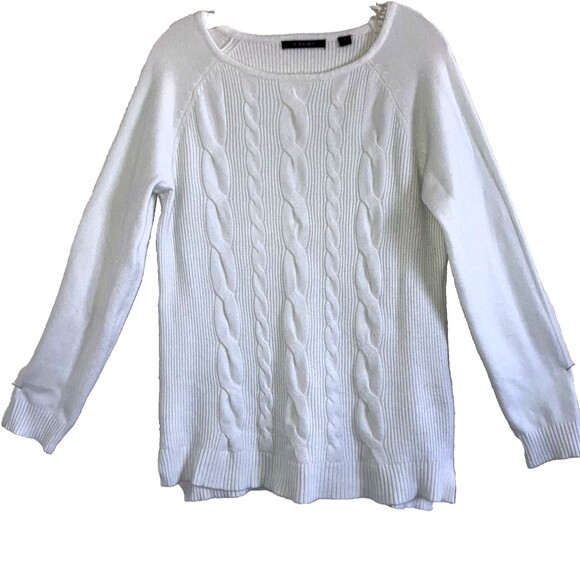 CYRUS L Solid White Cable Ribbed Knit Long Sleeve Tunic Top Sweater Pullover L - Picture 1 of 6